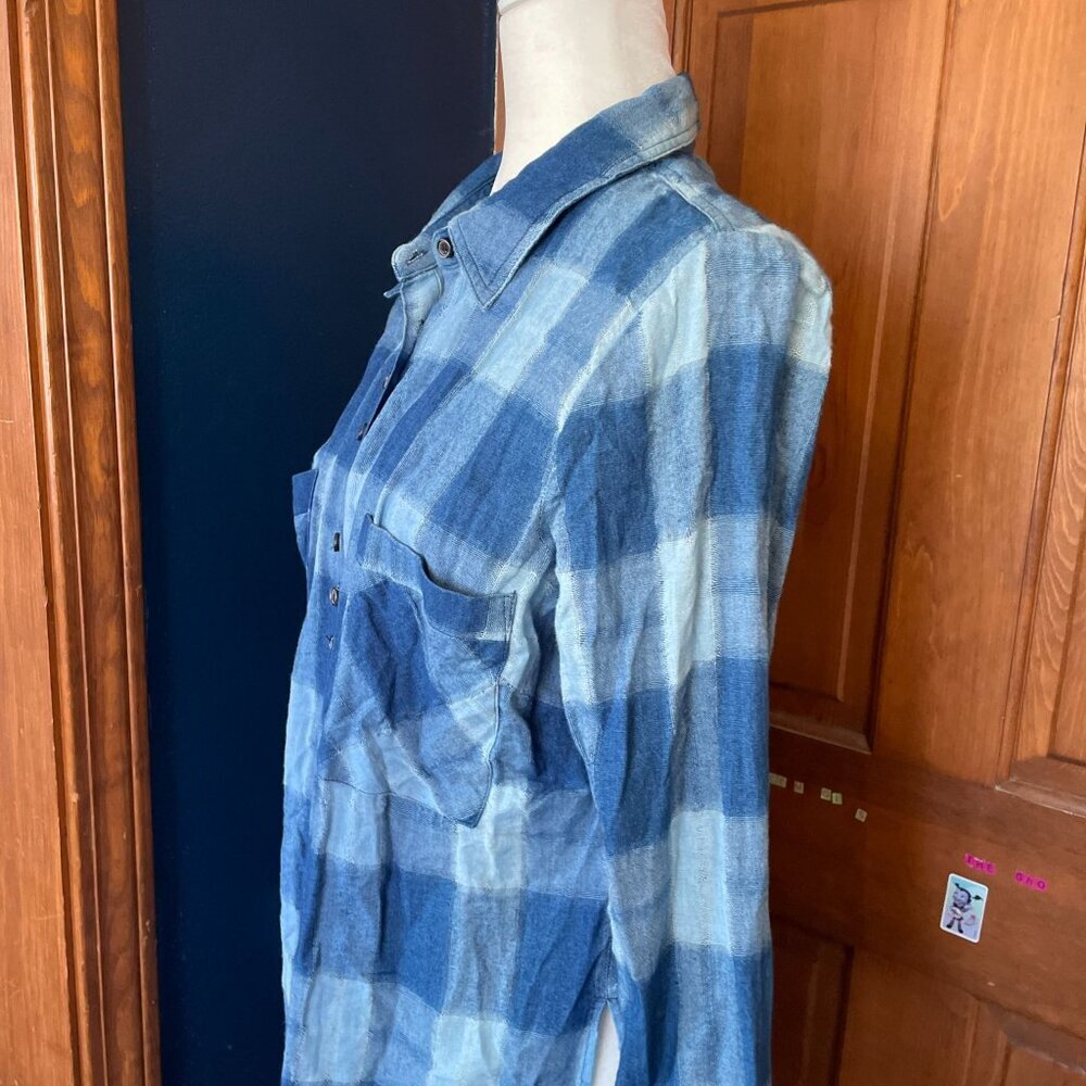 FREE PEOPLE Blue Plaid Flannel Button-Down Tunic Shirt Oversized Boho Grunge M - Picture 5 of 13